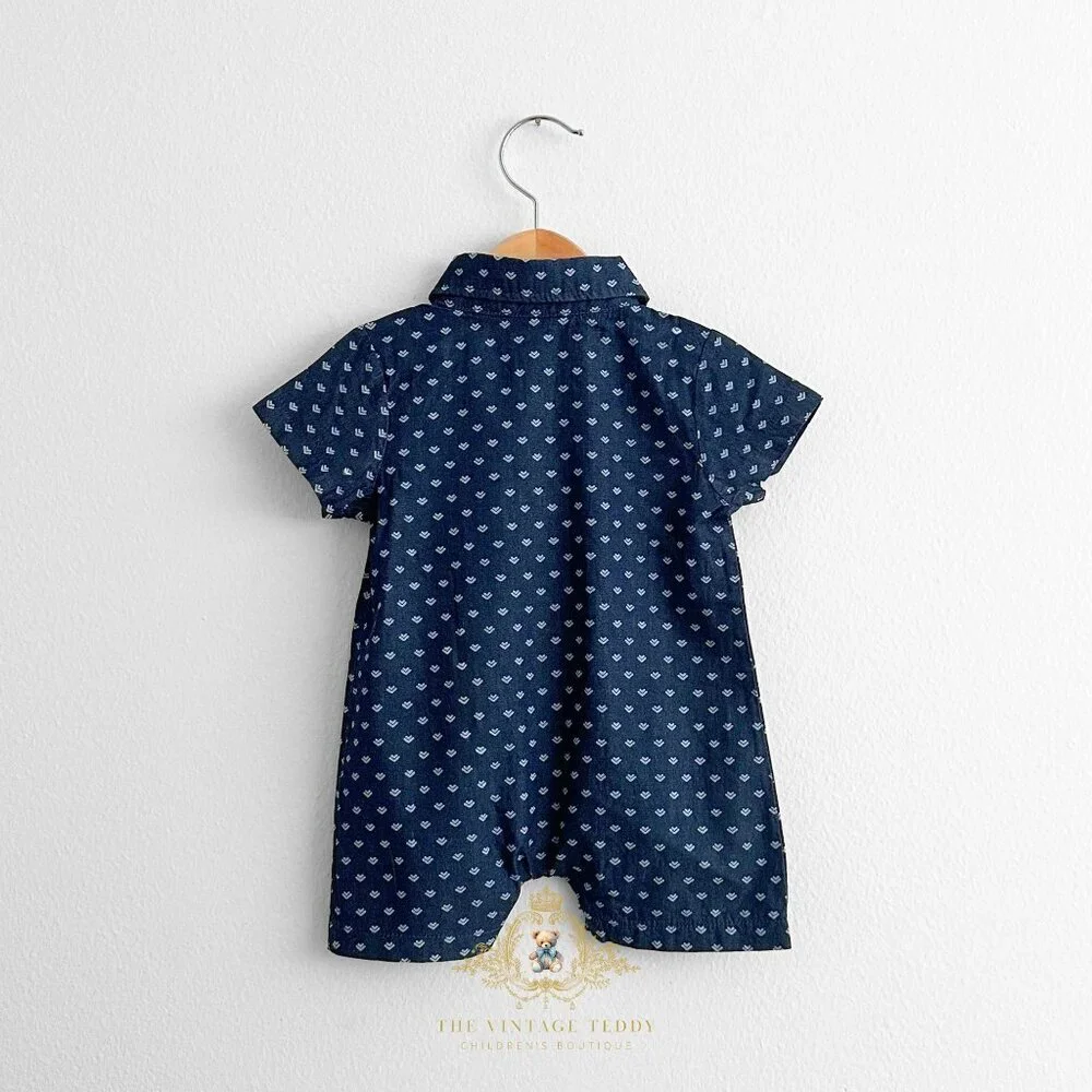 NWT Cute Boys Oxford Short Sleeve One-Piece Romper Shorts Navy Blue & White 9M - Picture 2 of 3